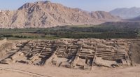 Aerial view of a 3,500-year-old archaeological site in Peru.