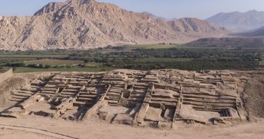 Aerial view of a 3,500-year-old archaeological site in Peru.