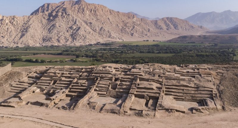 Aerial view of a 3,500-year-old archaeological site in Peru.