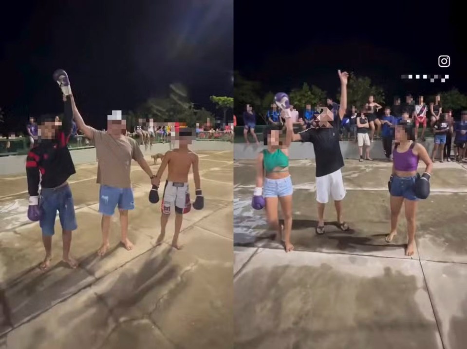 Two photos showing the arrest of suspects who promoted underage boxing matches broadcast on social media.