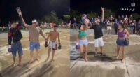 Two photos showing the arrest of suspects who promoted underage boxing matches broadcast on social media.