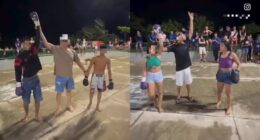 Two photos showing the arrest of suspects who promoted underage boxing matches broadcast on social media.