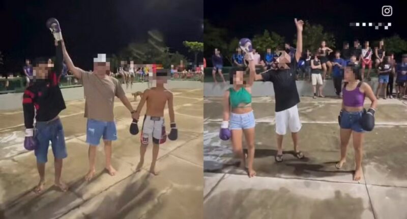 Two photos showing the arrest of suspects who promoted underage boxing matches broadcast on social media.