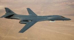 B-1B Lancer bomber over Edwards Air Force Base.