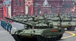 Russian T-90 tanks in a military parade on Red Square.
