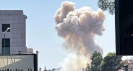 Smoke billows following Israeli strikes in Damascus.