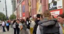 Long line of people waiting for Labubu toys in Berlin.