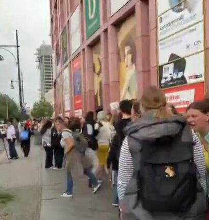 Long line of people waiting for Labubu toys in Berlin.