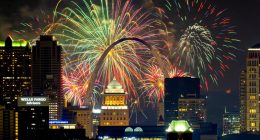 Fireworks over the St. Louis skyline and the Gateway Arch.