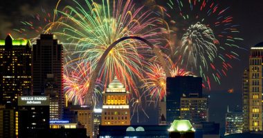 Fireworks over the St. Louis skyline and the Gateway Arch.