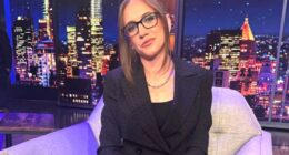 Kat Timpf on a talk show set.