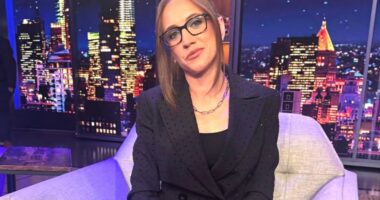 Kat Timpf on a talk show set.