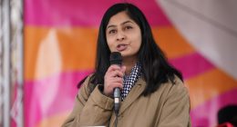 Zarah Sultana speaking at a strike rally.
