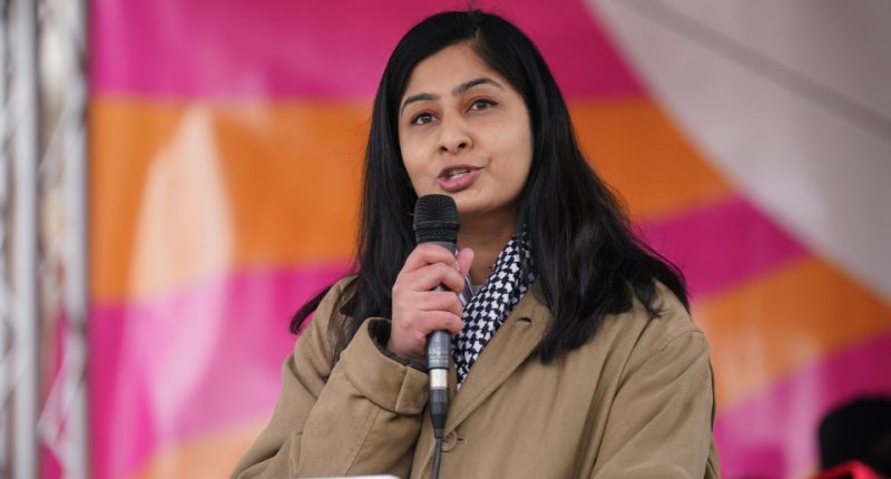 Zarah Sultana speaking at a strike rally.