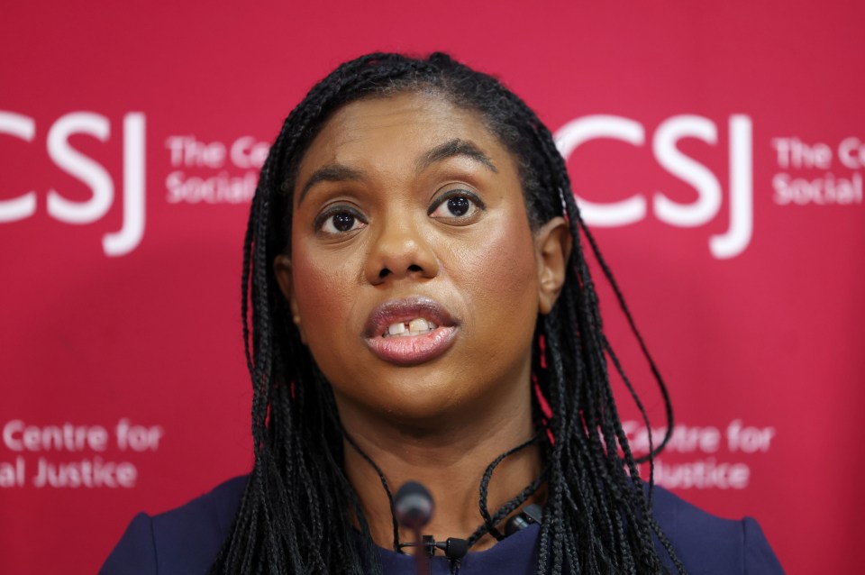 Kemi Badenoch, leader of the Conservative Party, speaking at a press conference.