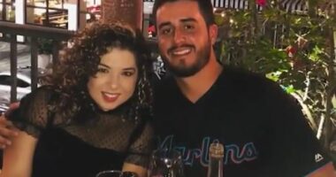 Naibel Benavides and Dillon Angulo at a restaurant.