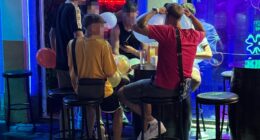 People inhaling nitrous oxide from balloons at a bar.