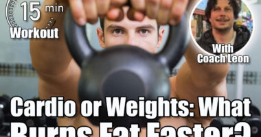 Portrait of a young muscular man lifting kettle bell in gym. Lifting Weights vs. Cardio Bursts: What