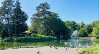 Grimsby park scene with pond and fountain.