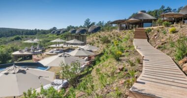 Gondwana Private Game Reserve resort with a wooden walkway and pool.