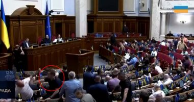 Moment MPs brawl in Ukrainian parliament during vote