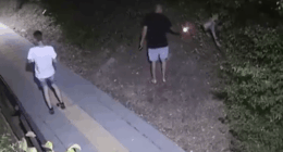 Two people at night, one holding a light, near a dog.