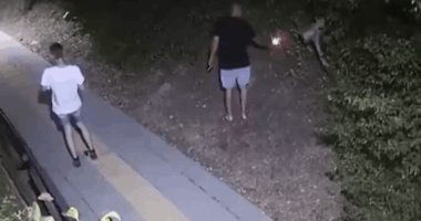Two people at night, one holding a light, near a dog.
