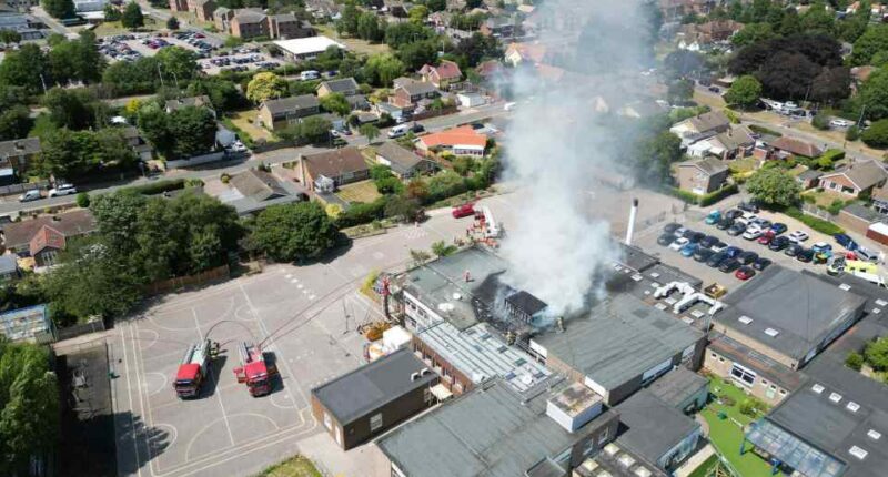 Aerial view of fire at Cliff Park Primary School.