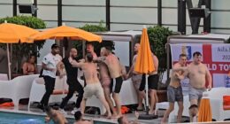 Moment fists fly as huge fight breaks out at Benidorm swimming pool