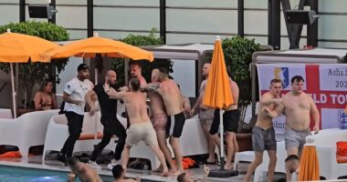 Moment fists fly as huge fight breaks out at Benidorm swimming pool