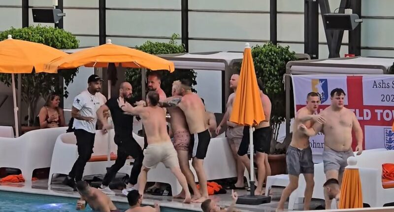 Moment fists fly as huge fight breaks out at Benidorm swimming pool