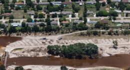 Aerial view of flood damage to the Blue Oak RV Park in Kerrville, Texas.