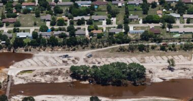 Aerial view of flood damage to the Blue Oak RV Park in Kerrville, Texas.