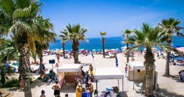 Crowded beach in Palaio Faliro, Athens, with palm trees and beach umbrellas.