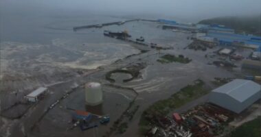 Aerial view of Severo-Kurilsk, Russia flooded by a tsunami.