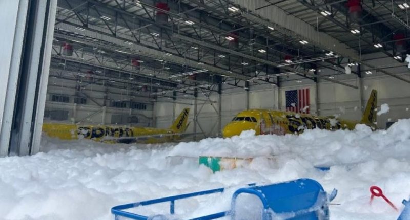 Two Spirit Airlines planes covered in foam inside a hangar.
