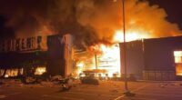 Building engulfed in flames.
