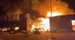 Building engulfed in flames.