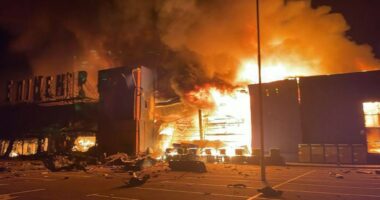Building engulfed in flames.