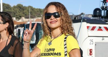 Rita Ora puts on a VERY leggy display in leather hot pants