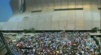 Stranded New Orleans residents gathered outside the Superdome after Hurricane Katrina.