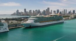 Aerial view of the Navigator of the Seas cruise ship docked in Miami, Florida.