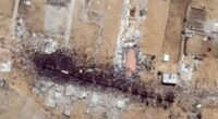 Satellite images comparing a site before and after an incident.