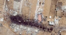 Satellite images comparing a site before and after an incident.