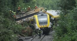 Rescue workers attending to a derailed train.