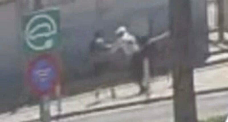 Low-quality security camera footage of a mugging.