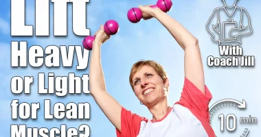 Mature woman exercising outdoors in the fresh air, raising dumbbells above her head. Should You Lift Heavier With Fewer Reps or Lighter With More To Build Lean Muscle?