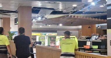Airport ceiling collapse after earthquake.