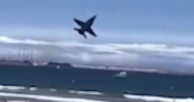 Jet plane flying low over a crowded beach.