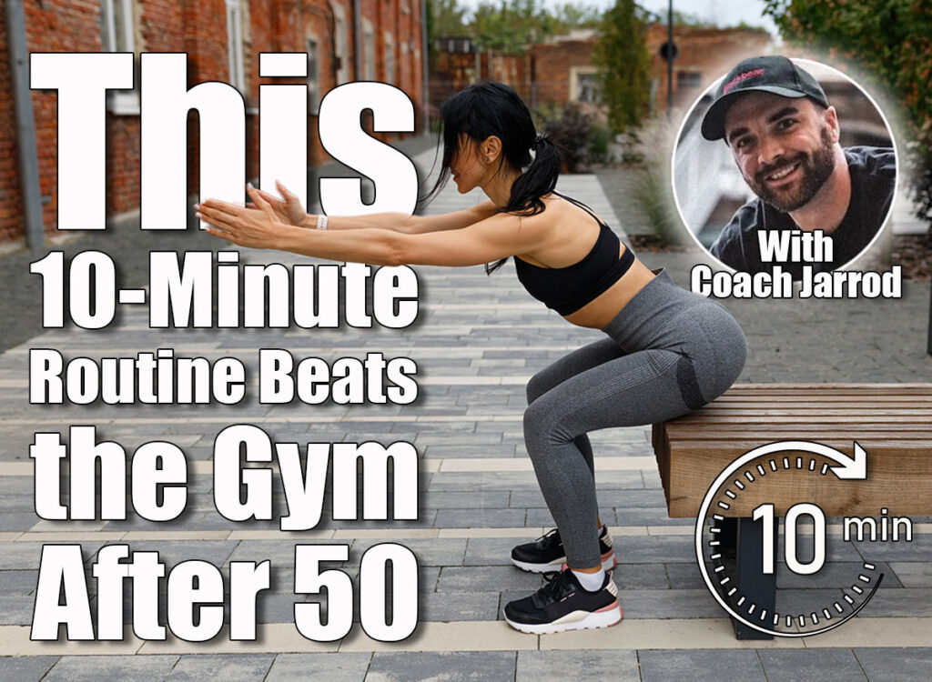 Pretty brunette woman in sportswear is doing squats while touching her buttocks to the bench outdoors. This 10-Minute Morning Routine Beats an Hour at the Gym After 50. Cover